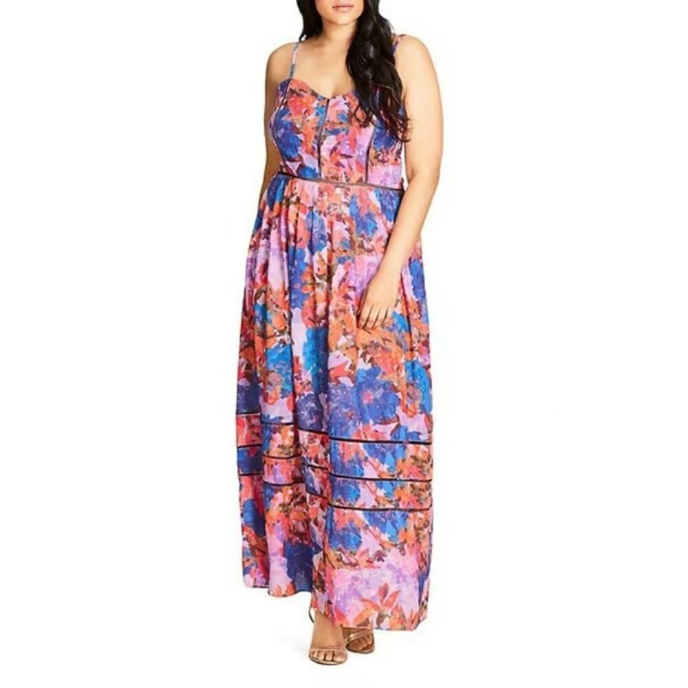 [City Chic] Blue Purple Abstract Floral Print Stained Glass Maxi Dress Sz 20 / L
